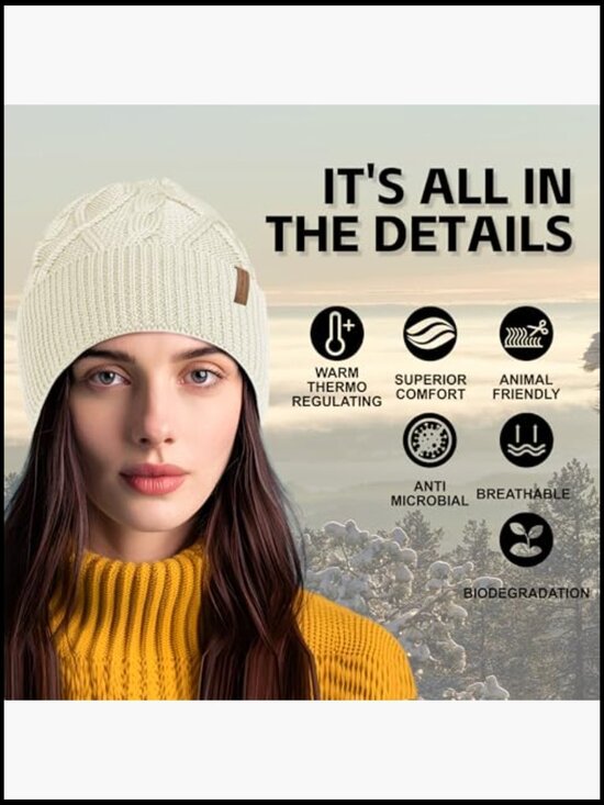 100% Merino Wool Beanie, Lightweight Winter Hat, Breathable Unisex Cap main image 2